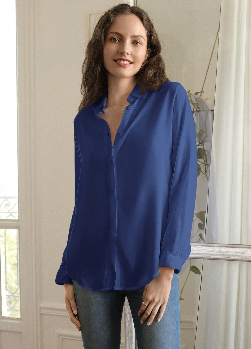 Синяя кэжуал рубашка однотонная SHEIN