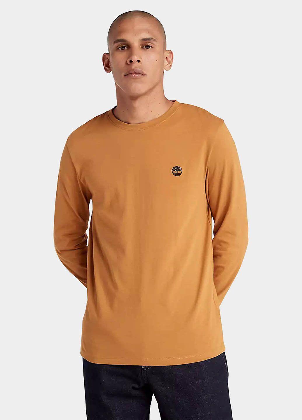 Лонгслів Timberland однотонний гірчичний кежуали бавовна, трикотаж