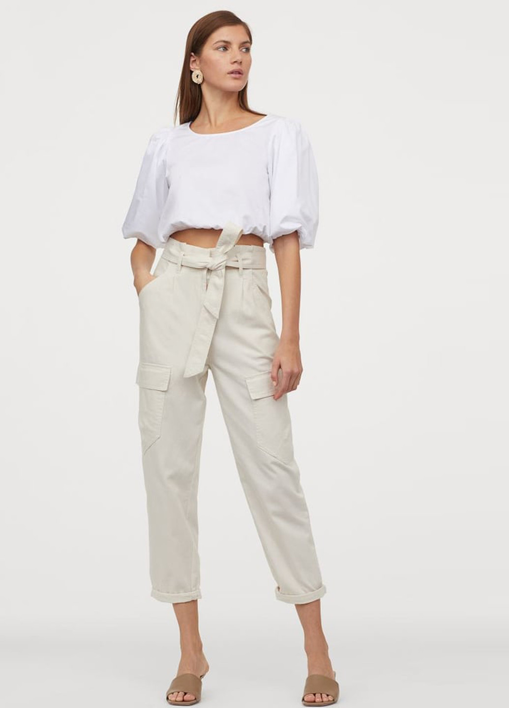 Светло-бежевые кэжуал летние карго, укороченные брюки H&M