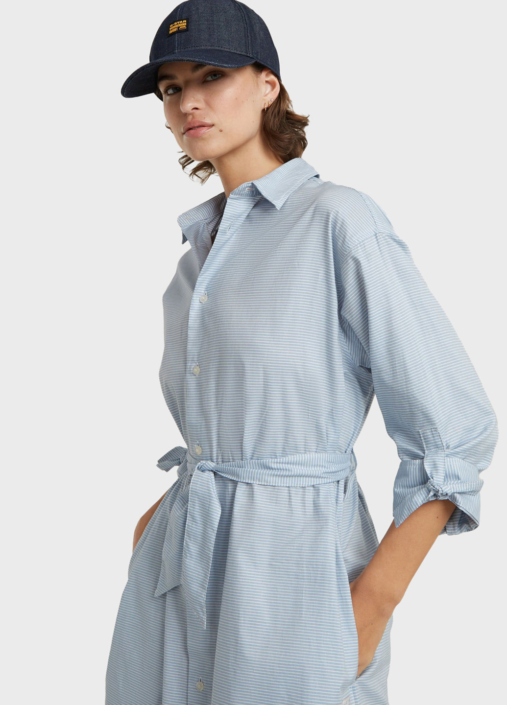 Голубое кэжуал платье рубашка G-Star Raw в полоску