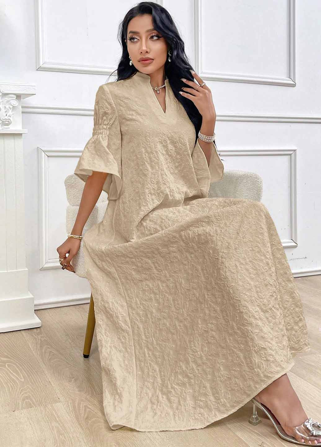 Кремовое вечернее платье а-силуэт SHEIN однотонное