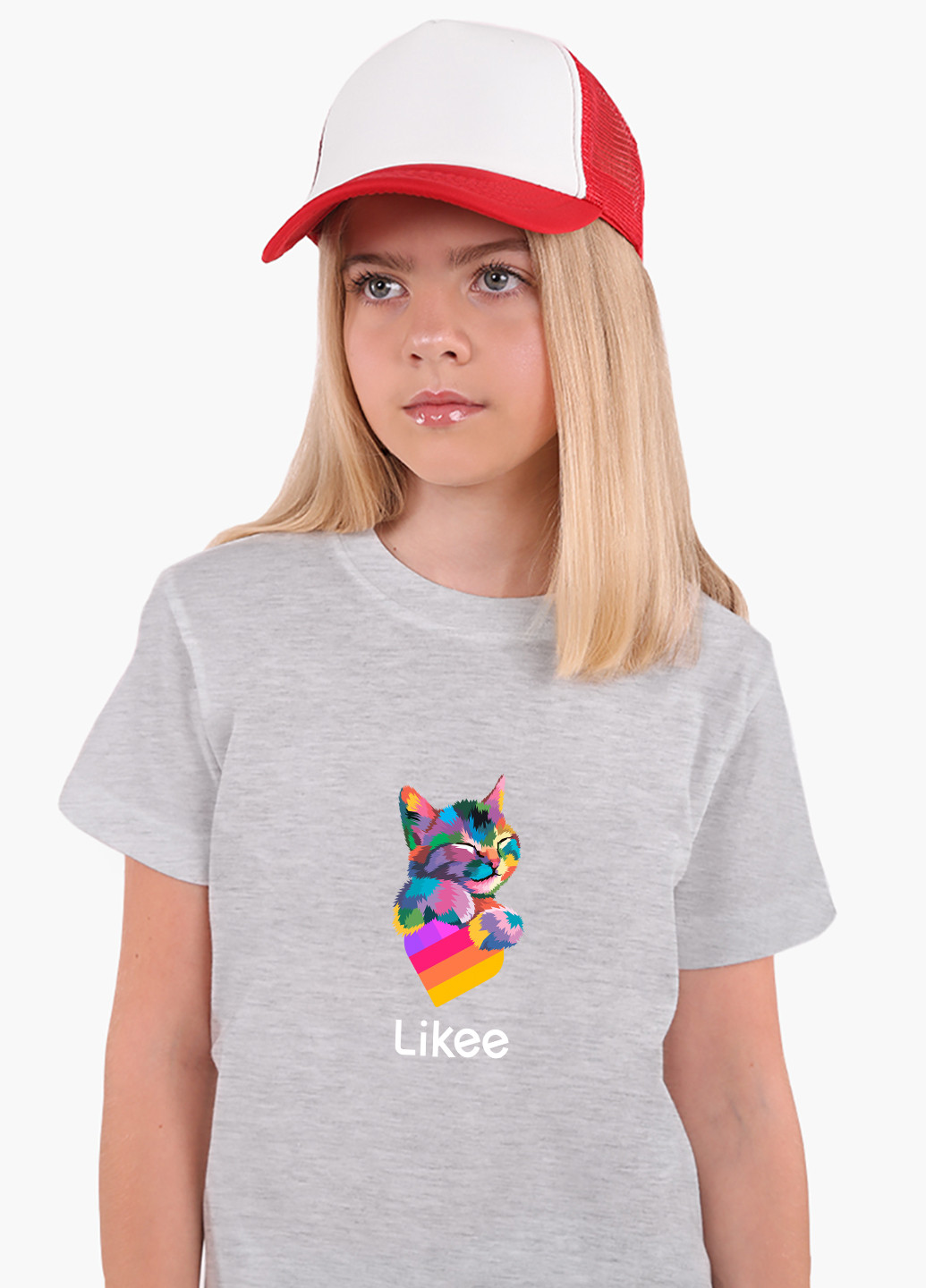 Світло-сіра демісезонна футболка дитяча лайк котик (likee cat) (9224-1040) MobiPrint
