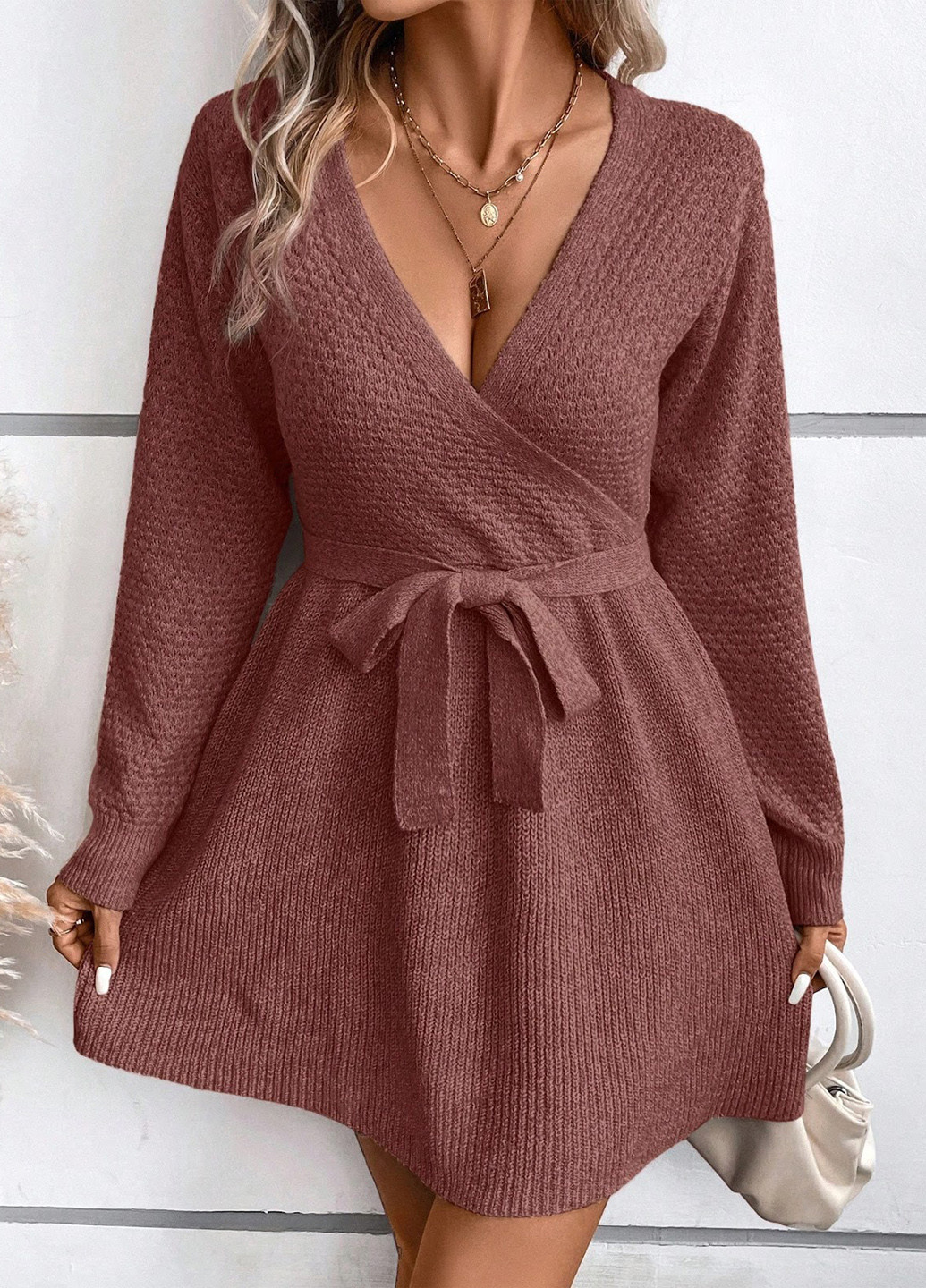 Рожево-коричнева кежуал сукня сукня светр, на запах SHEIN однотонна
