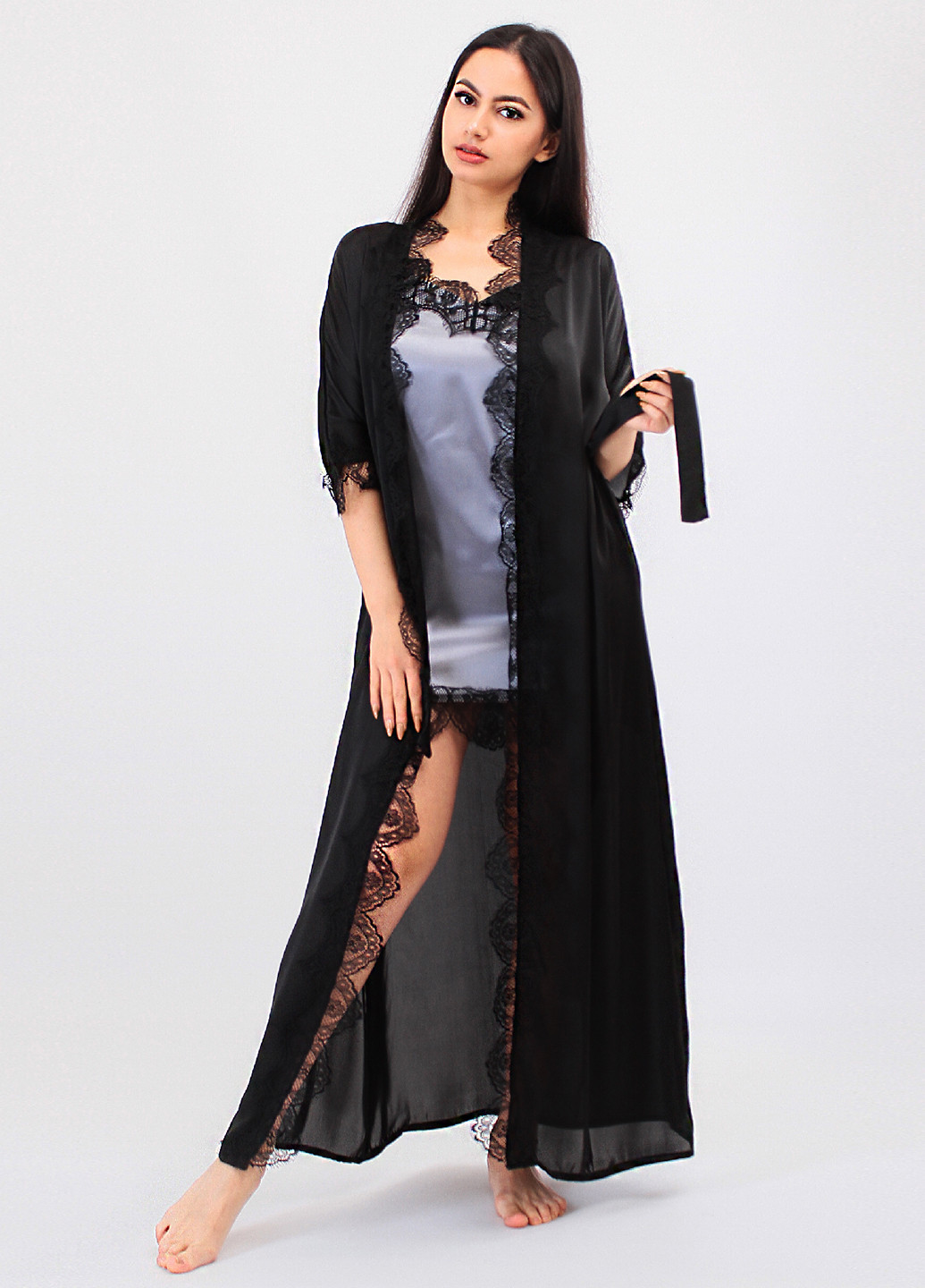 Графітовий демісезонний комплект (халат, пеньюар) Ghazel