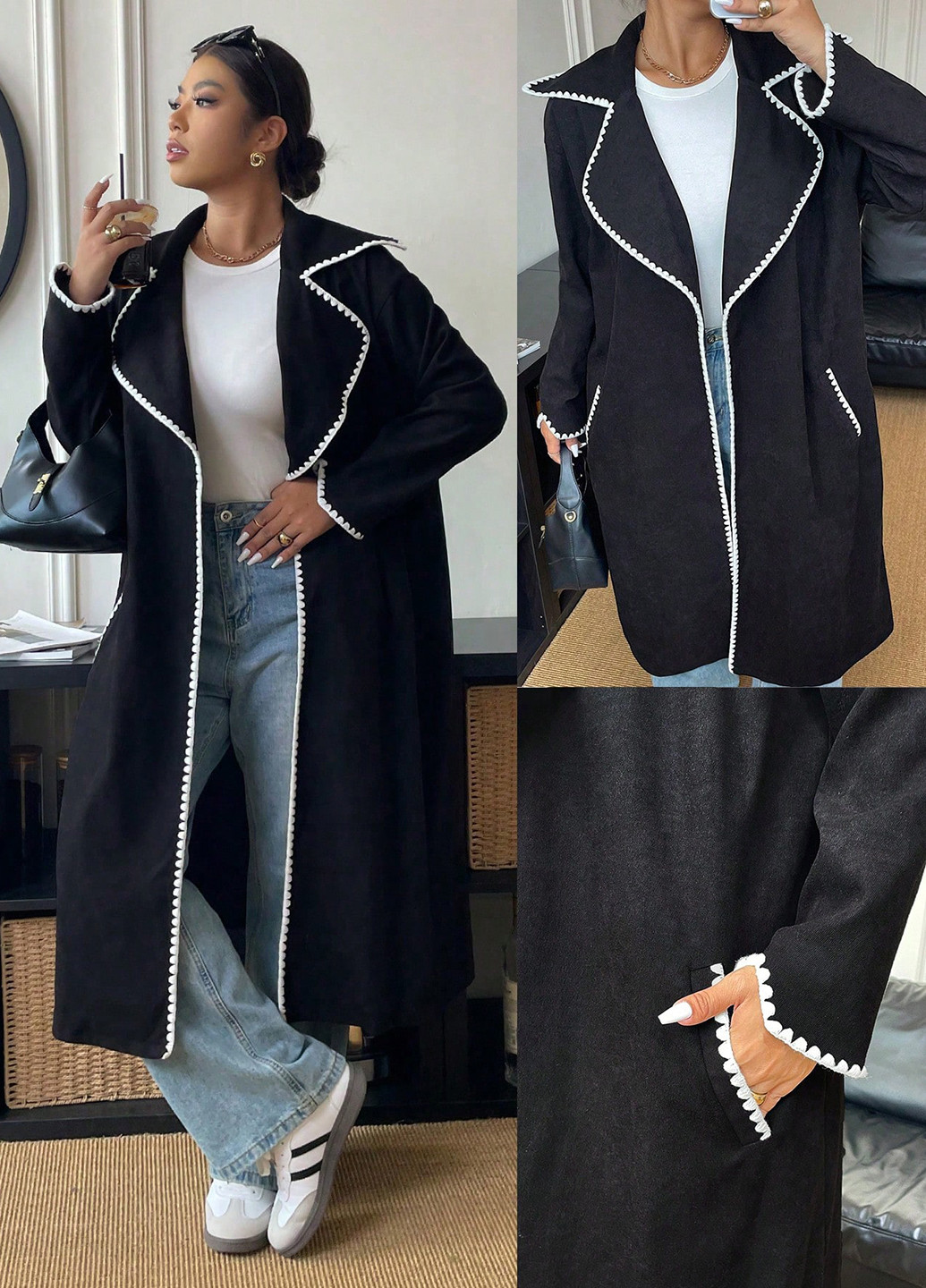 Чорне демісезонне Пальто однобортне SHEIN