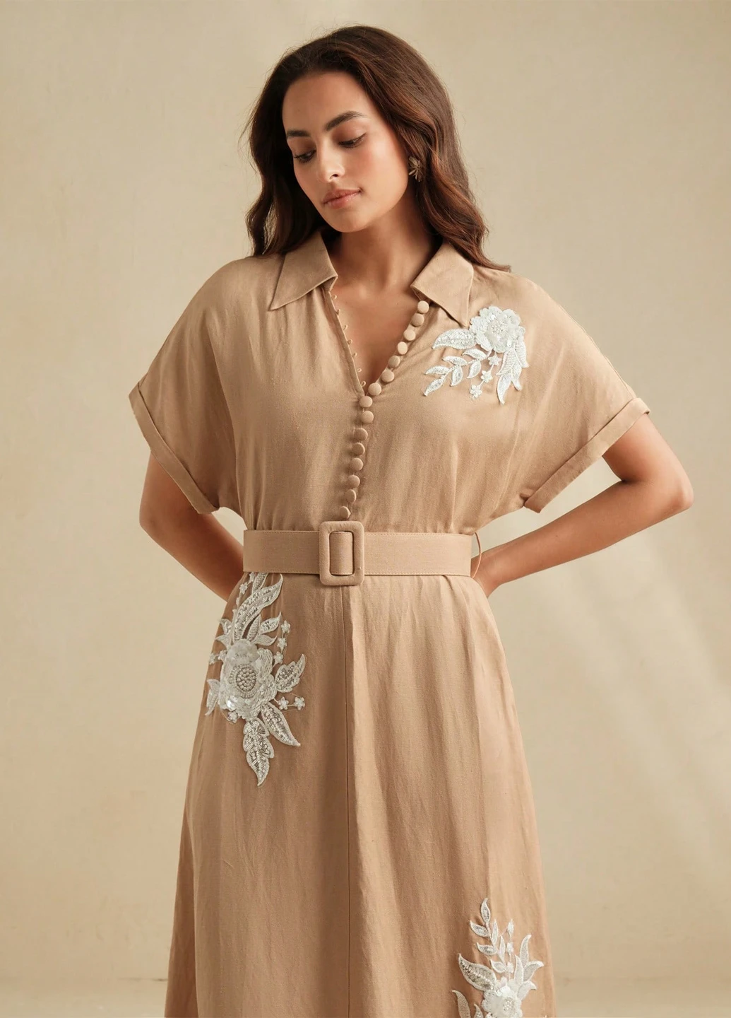 Пісочна вечірня, кежуал сукня з спідницею-сонце, сукня-сорочка SHEIN однотонна