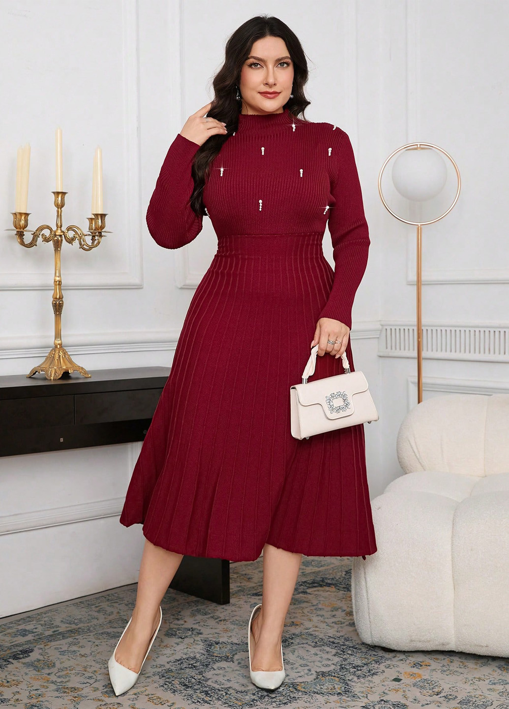 Бордова святковий, вечірня сукня а-силует, сукня светр SHEIN однотонна