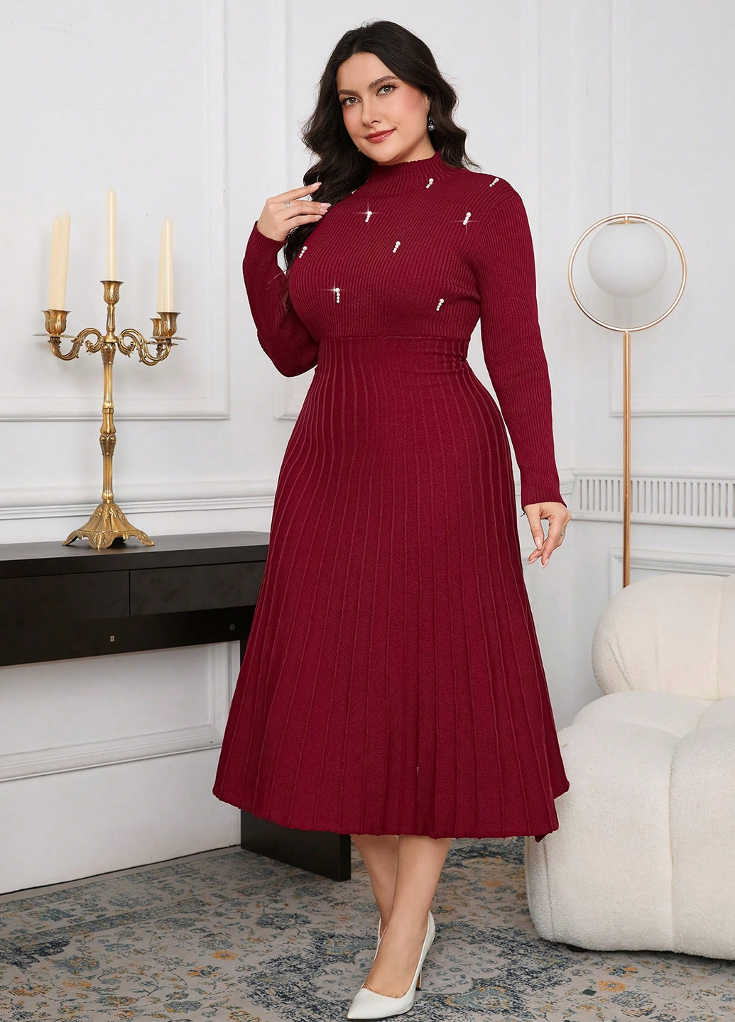 Бордова святковий, вечірня сукня а-силует, сукня светр SHEIN однотонна