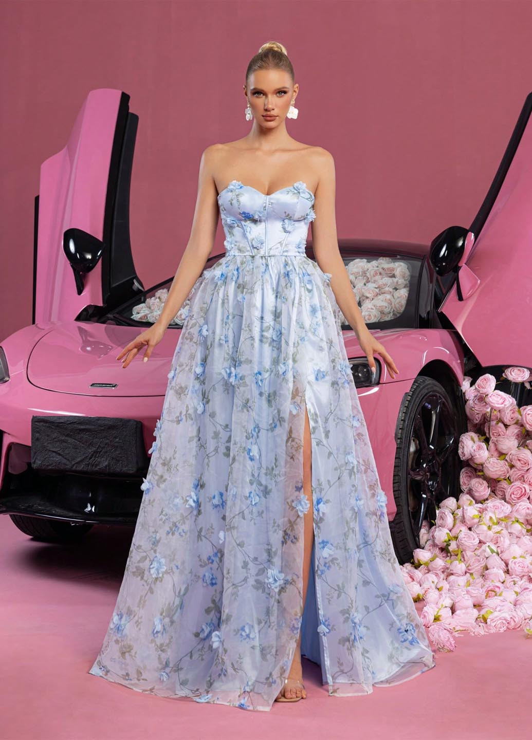 Блакитна святковий, вечірня сукня з пишною спідницею, з відкритою спиною SHEIN з квітковим принтом