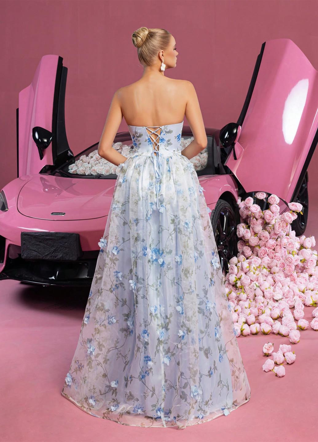 Блакитна святковий, вечірня сукня з пишною спідницею, з відкритою спиною SHEIN з квітковим принтом