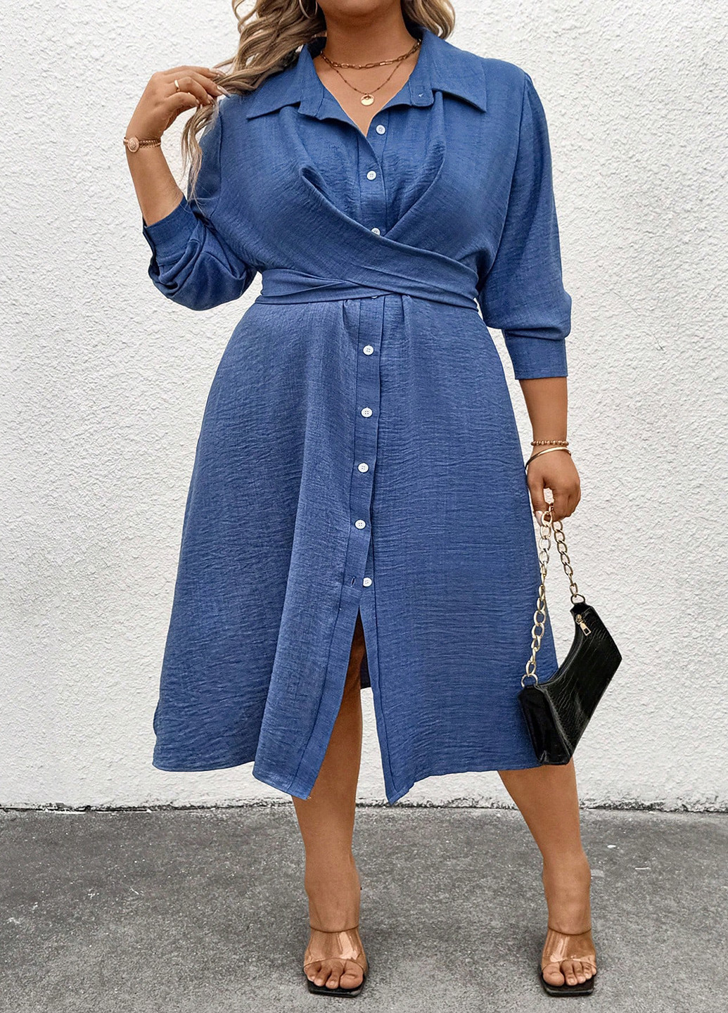 Синее кэжуал платье рубашка SHEIN однотонное