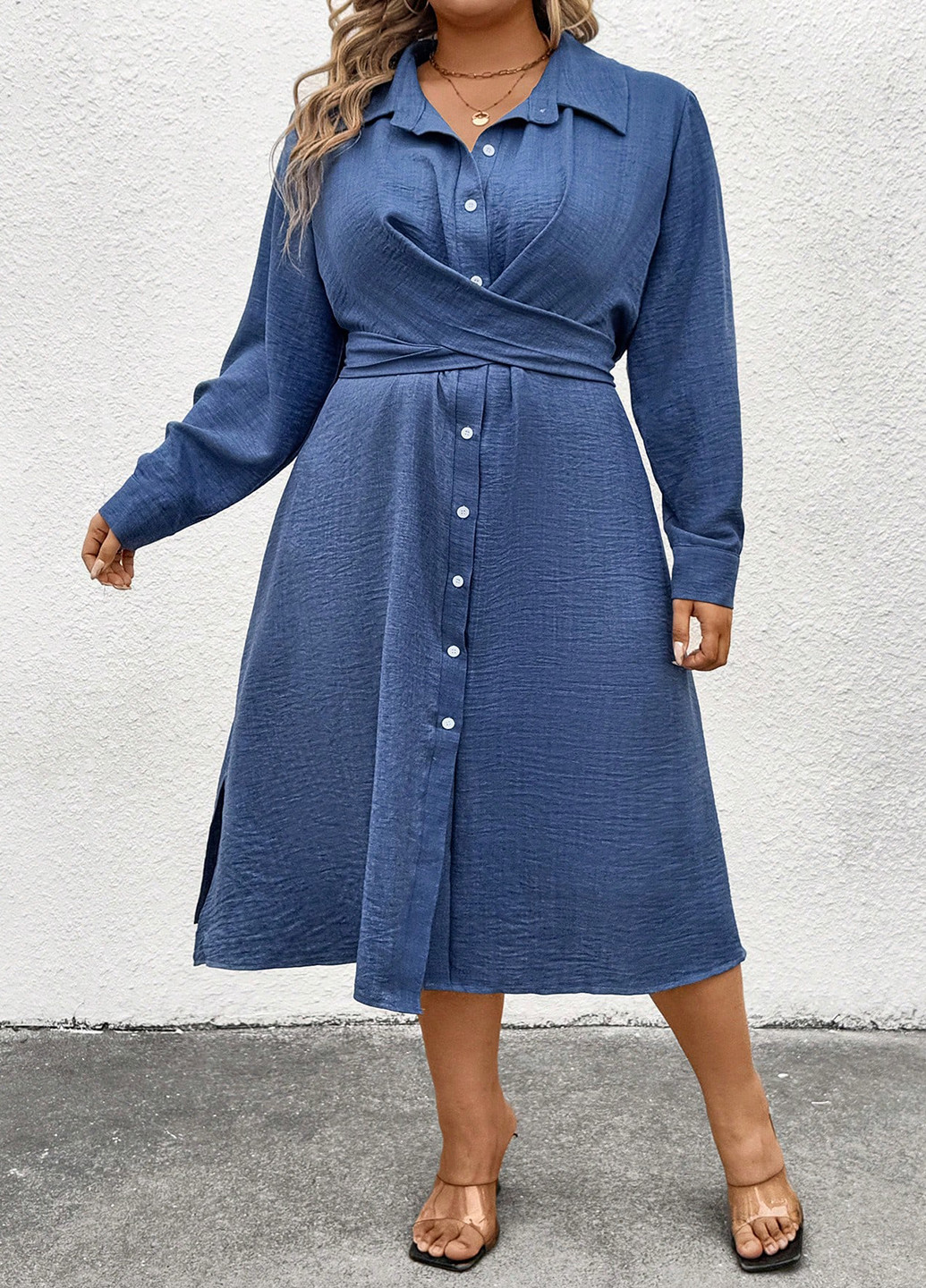 Синее кэжуал платье рубашка SHEIN однотонное