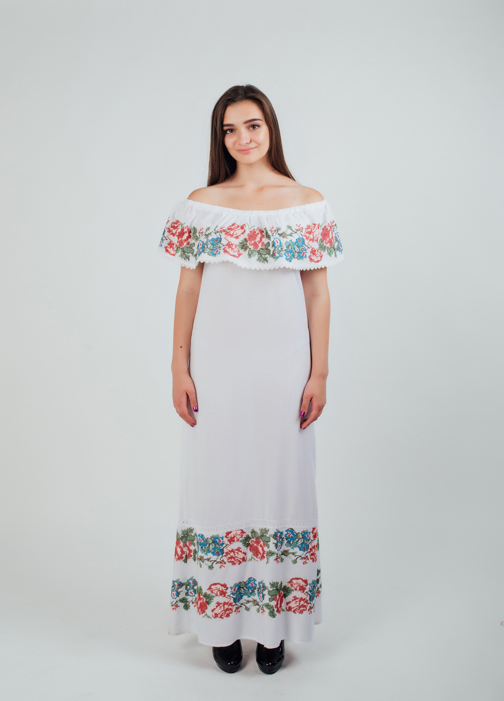 Платье Piccolo L с открытыми плечами цветочная белая свадебная хлопок
