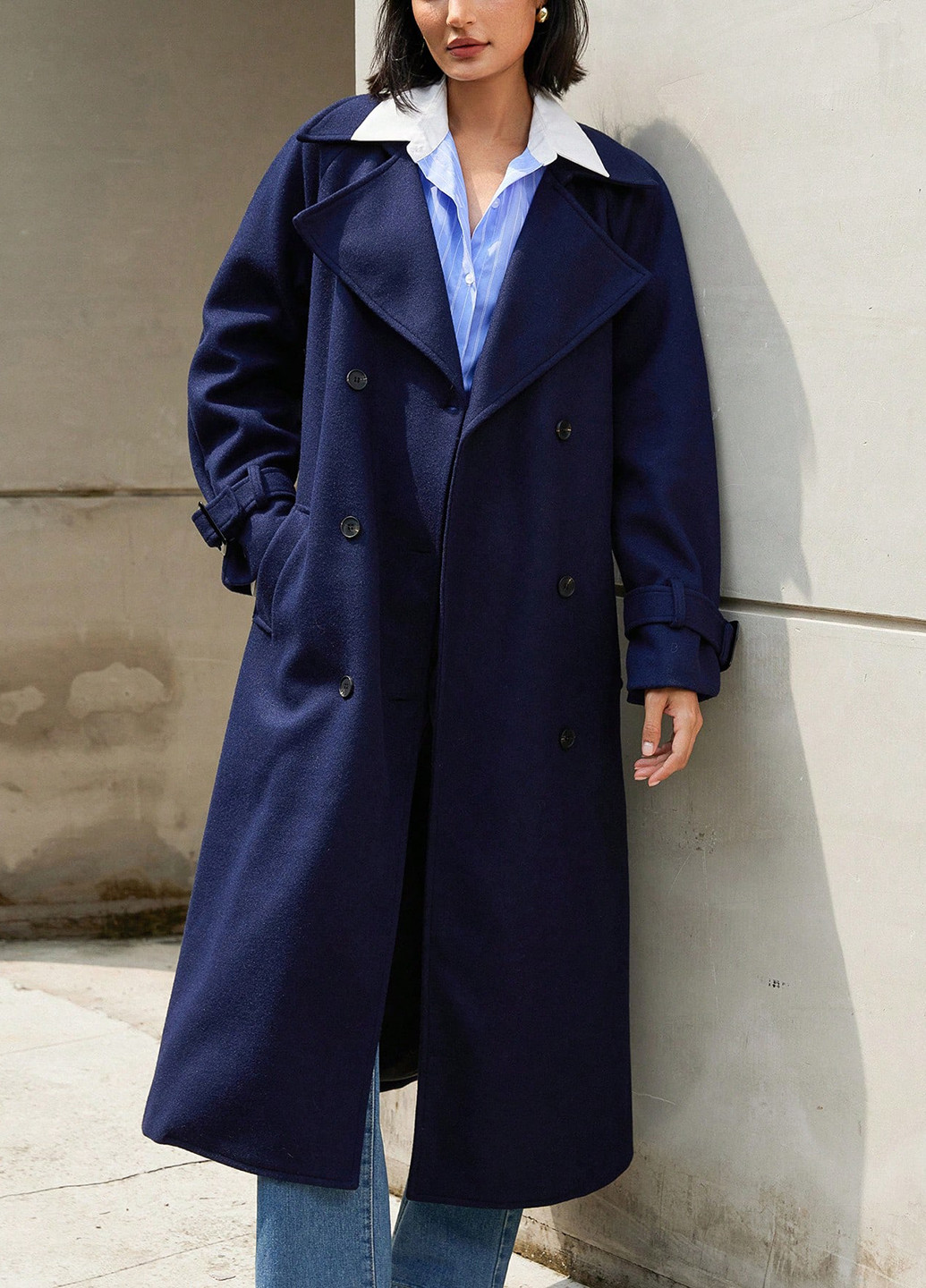 Темно-синє зимнє Пальто двобортне SHEIN