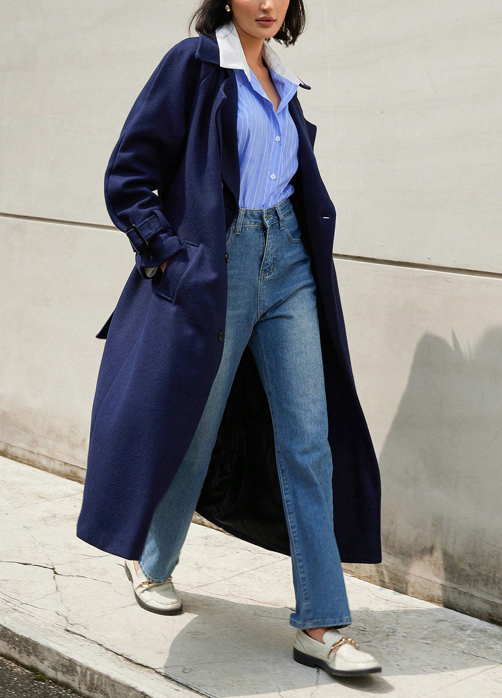 Темно-синє зимнє Пальто двобортне SHEIN