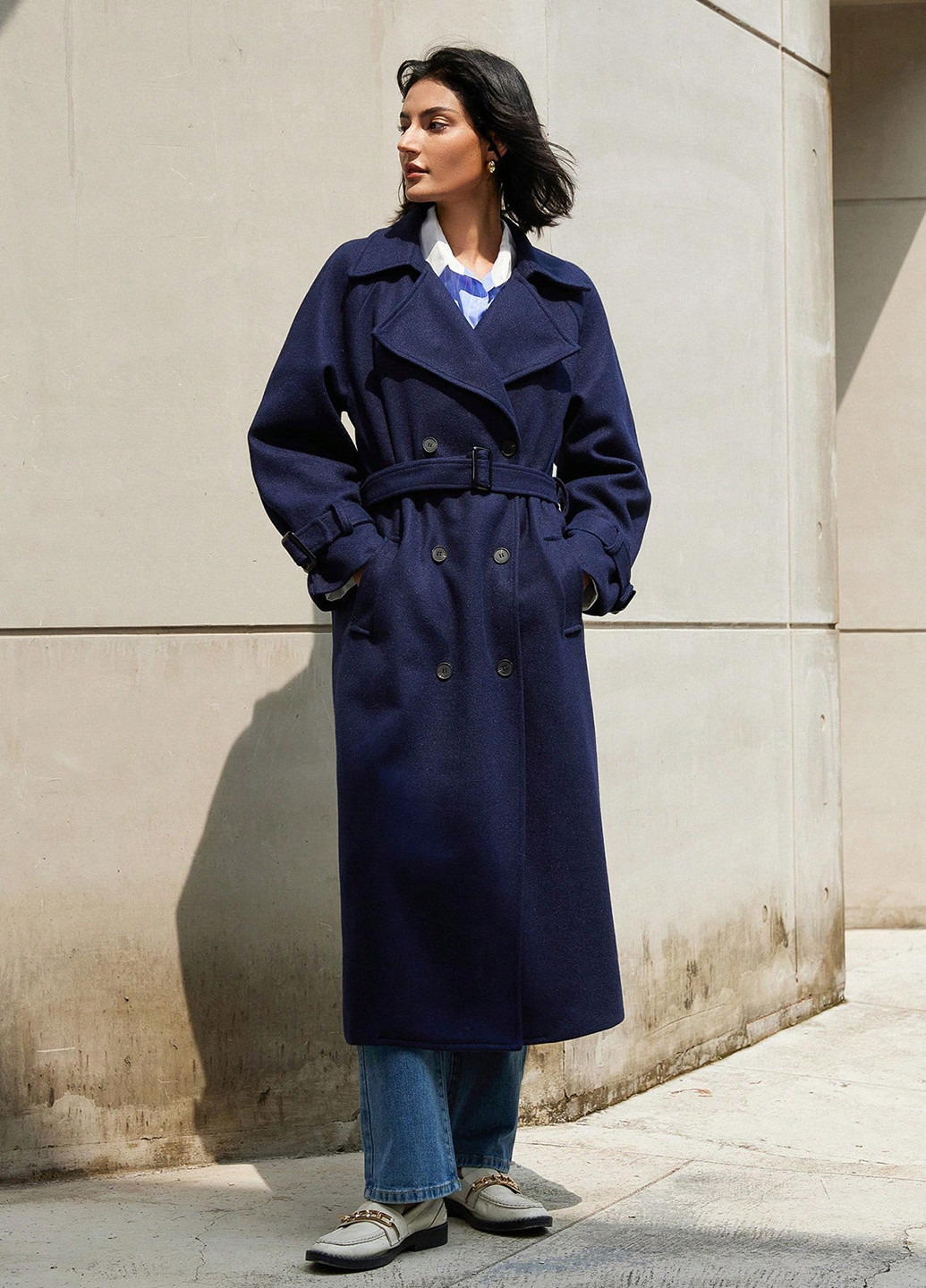 Темно-синє зимнє Пальто двобортне SHEIN