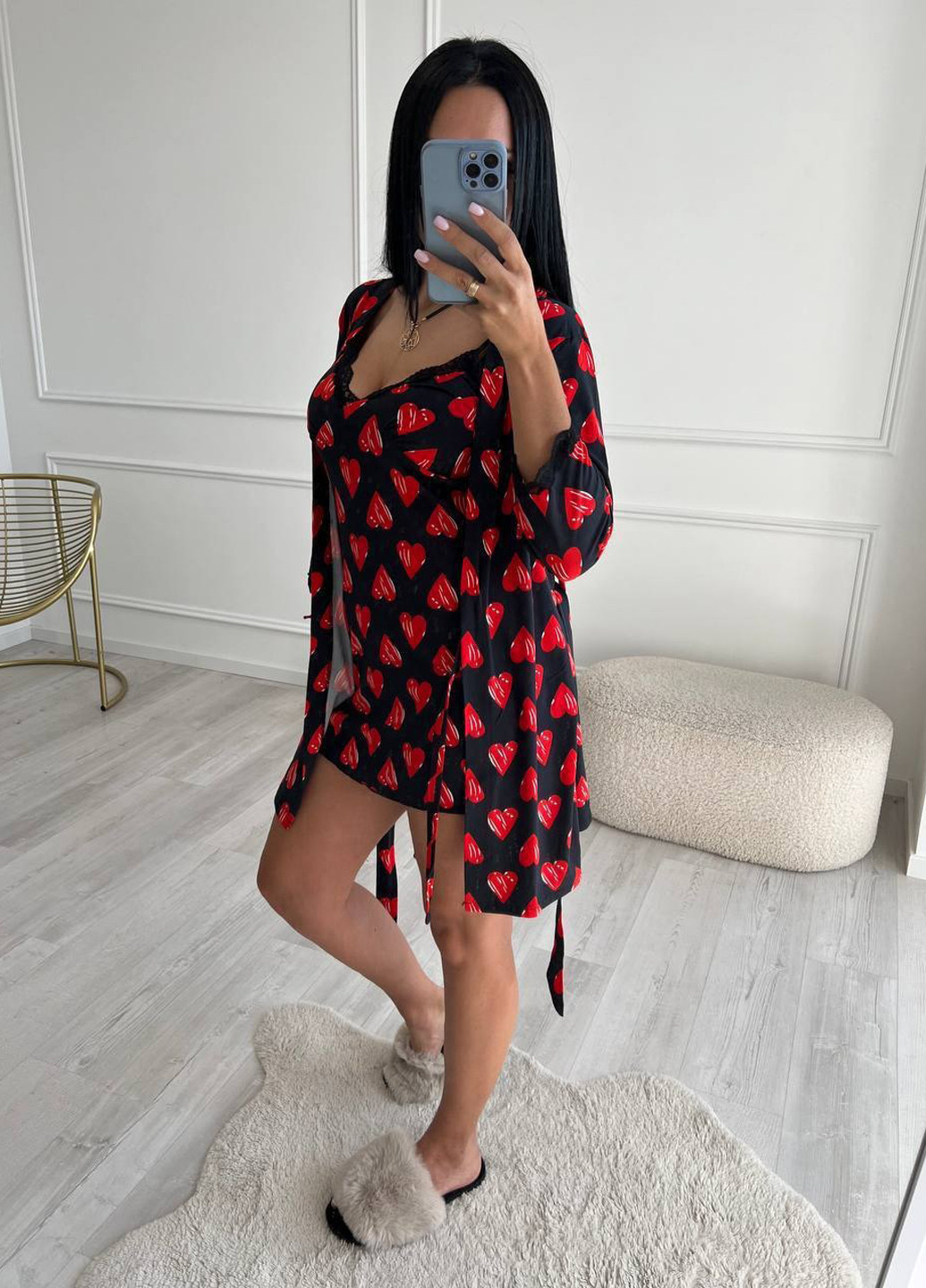 Черный демисезонный комплект (ночная рубашка, халат) Fashion