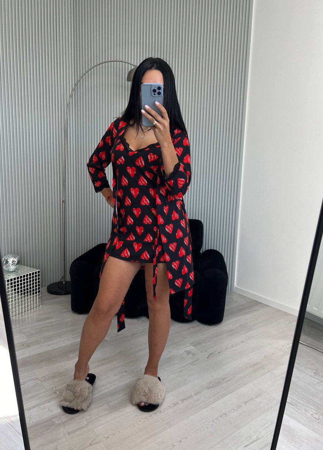 Черный демисезонный комплект (ночная рубашка, халат) Fashion