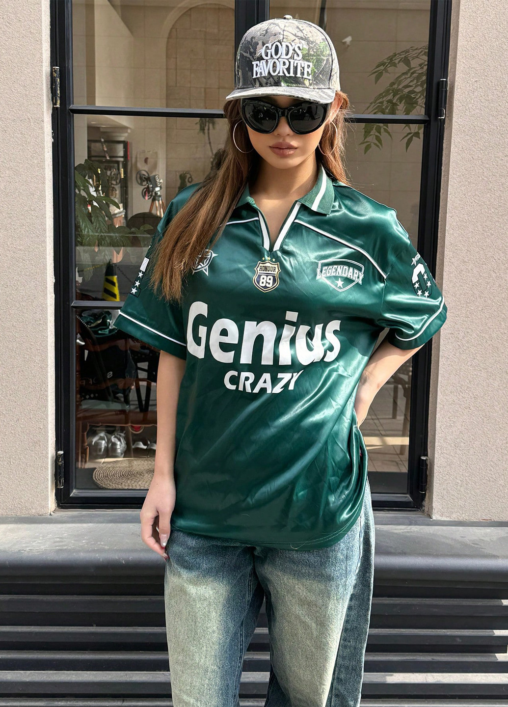 Зеленая женская футболка-поло SHEIN с надписью