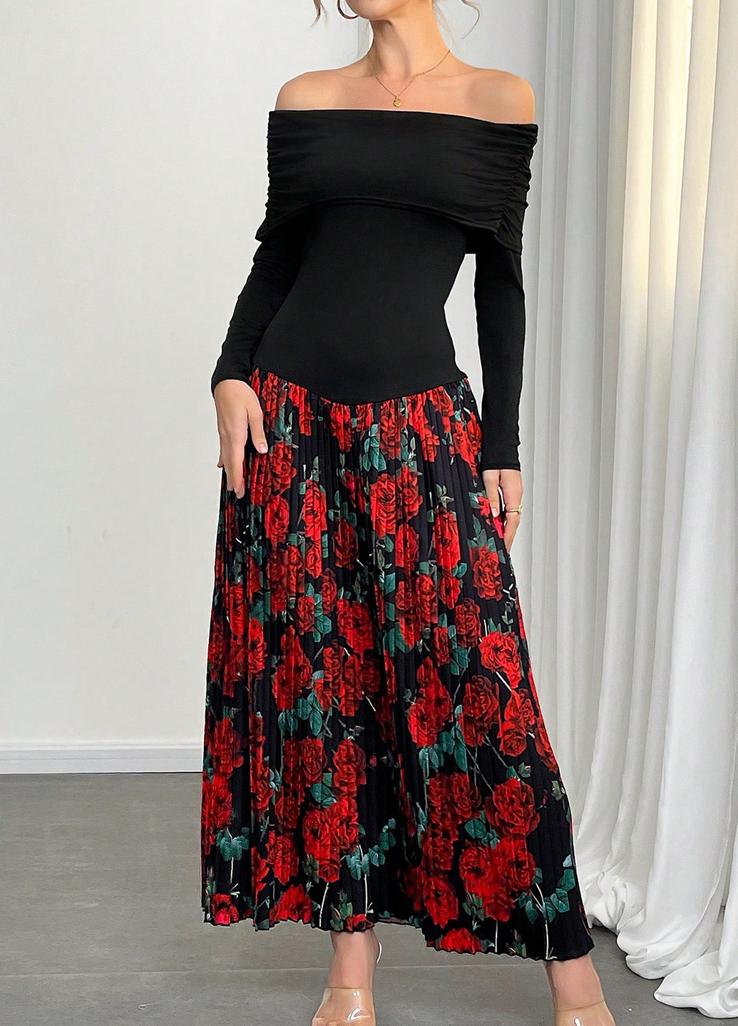 Черное вечернее, кэжуал платье плиссированное SHEIN розы