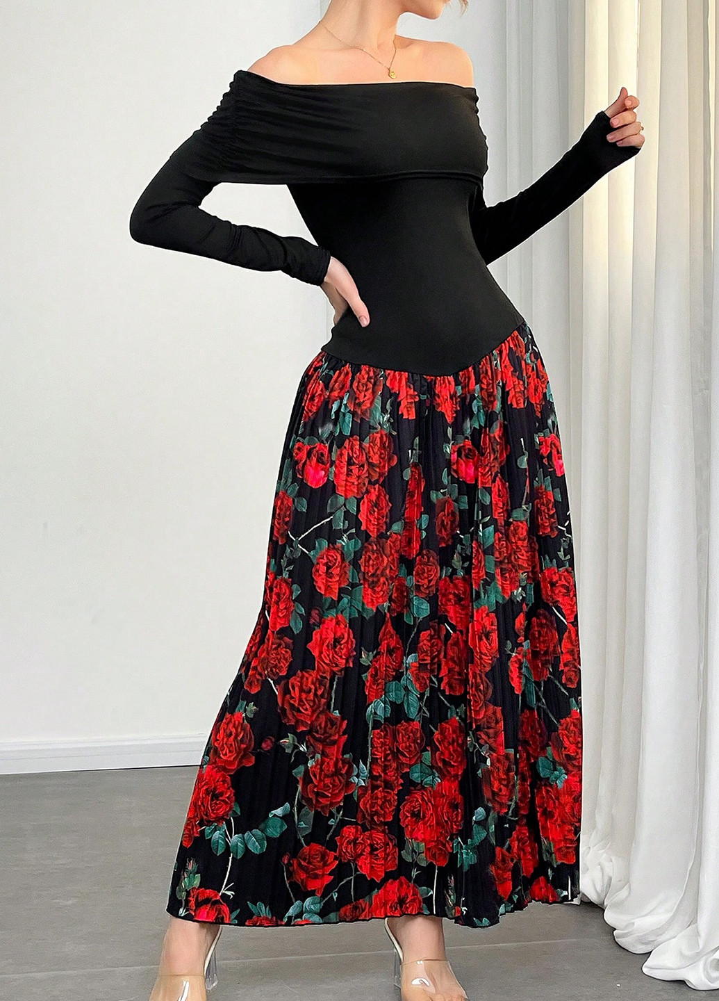 Черное вечернее, кэжуал платье плиссированное SHEIN розы