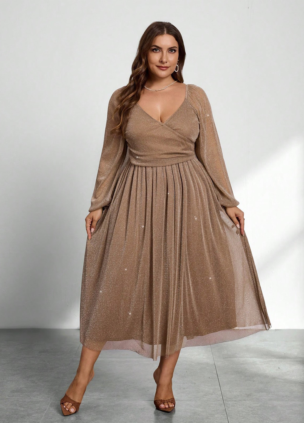 Коричневое вечернее платье на запах SHEIN однотонное