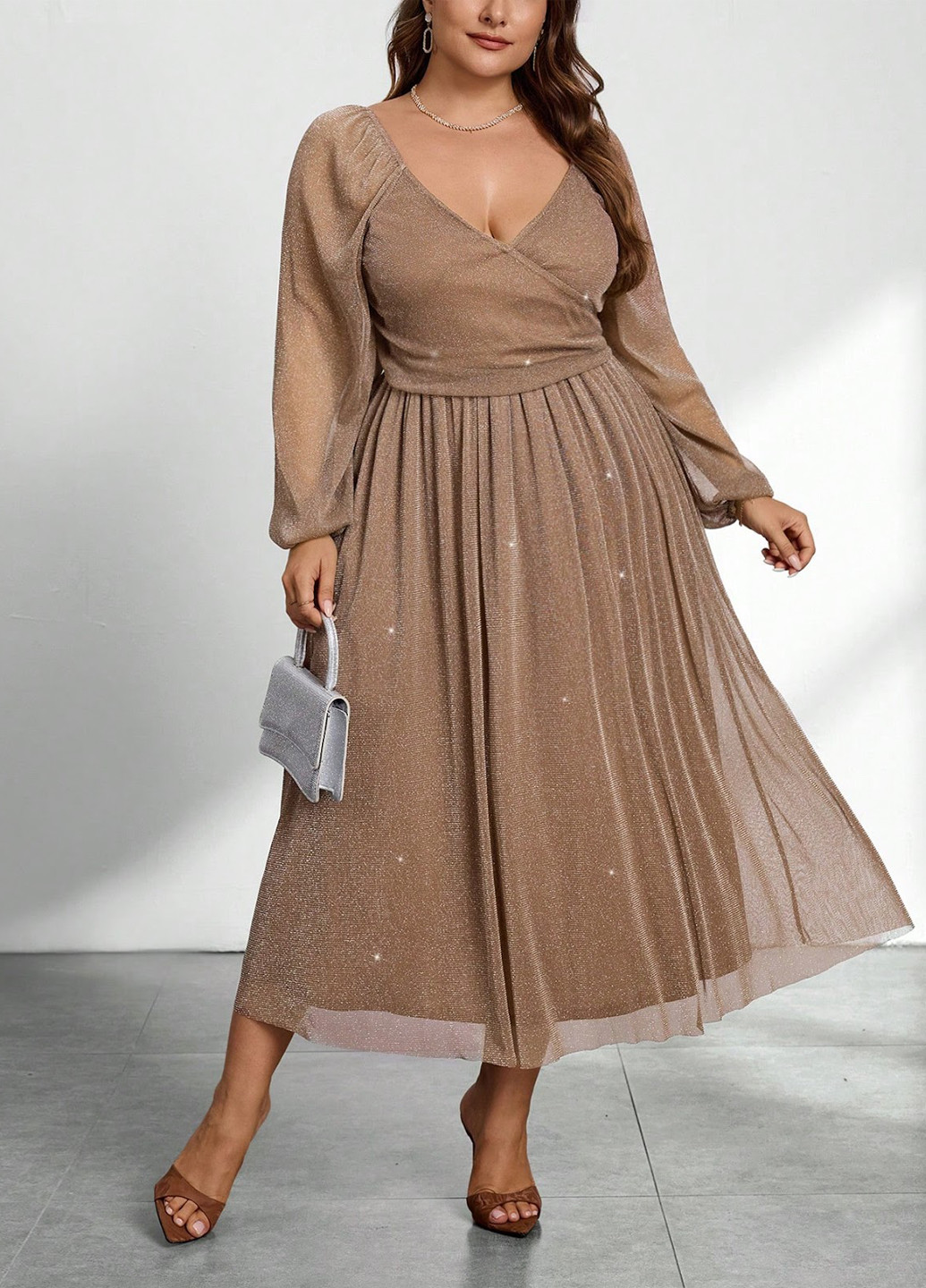 Коричневое вечернее платье на запах SHEIN однотонное