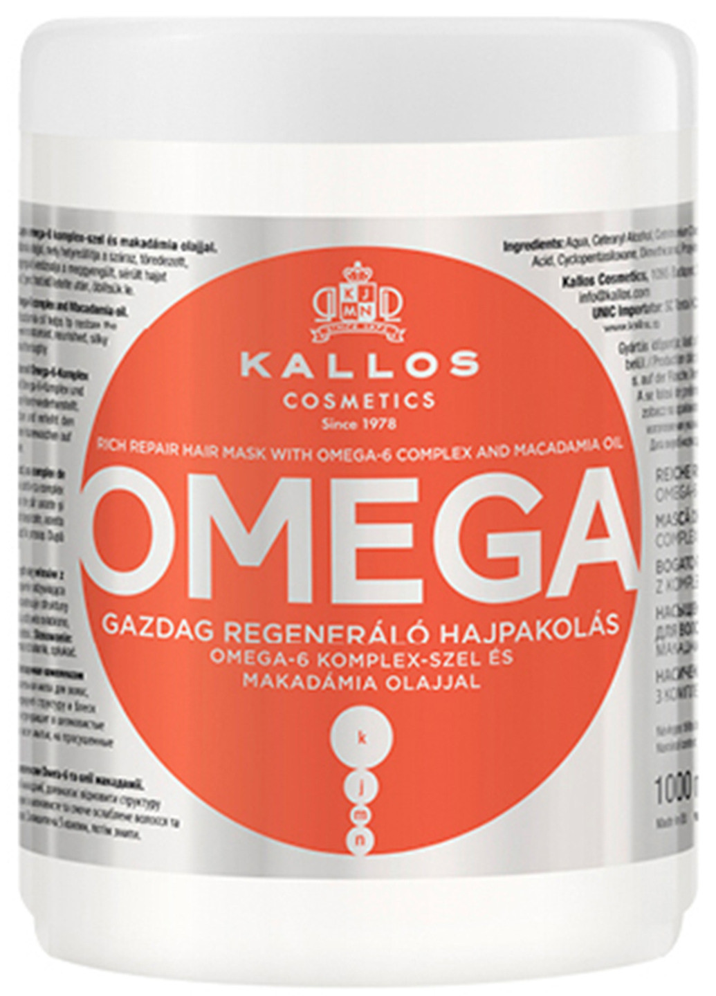 Маска для волос с комплексом Омега-6 Kallos Hair Omega Mask 1000 мл Kallos Cosmetics (190303396)