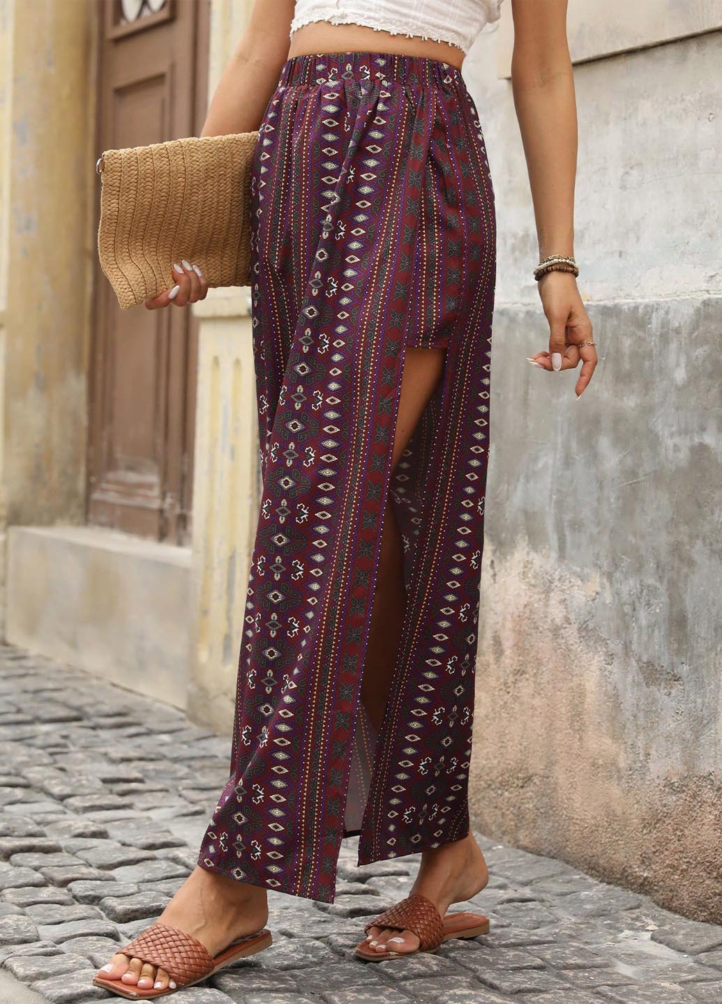 Бордовая кэжуал с орнаментом юбка SHEIN