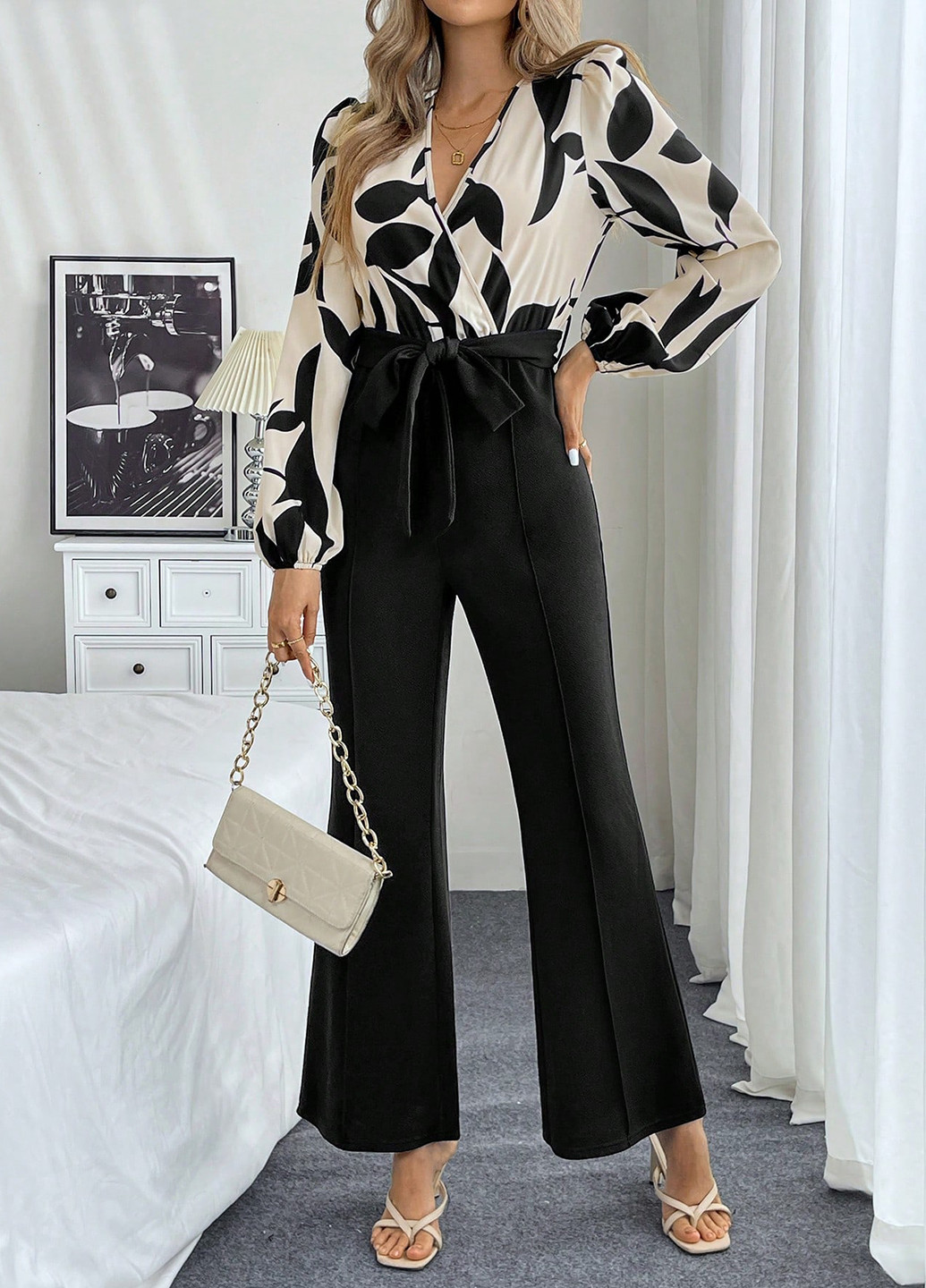 Комбинезон SHEIN комбинезон-брюки рисунок чёрно-белого кэжуал полиэстер