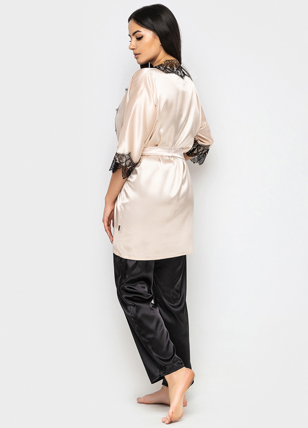 Бежевий демісезонний комплект (халат, топ, брюки) Ghazel