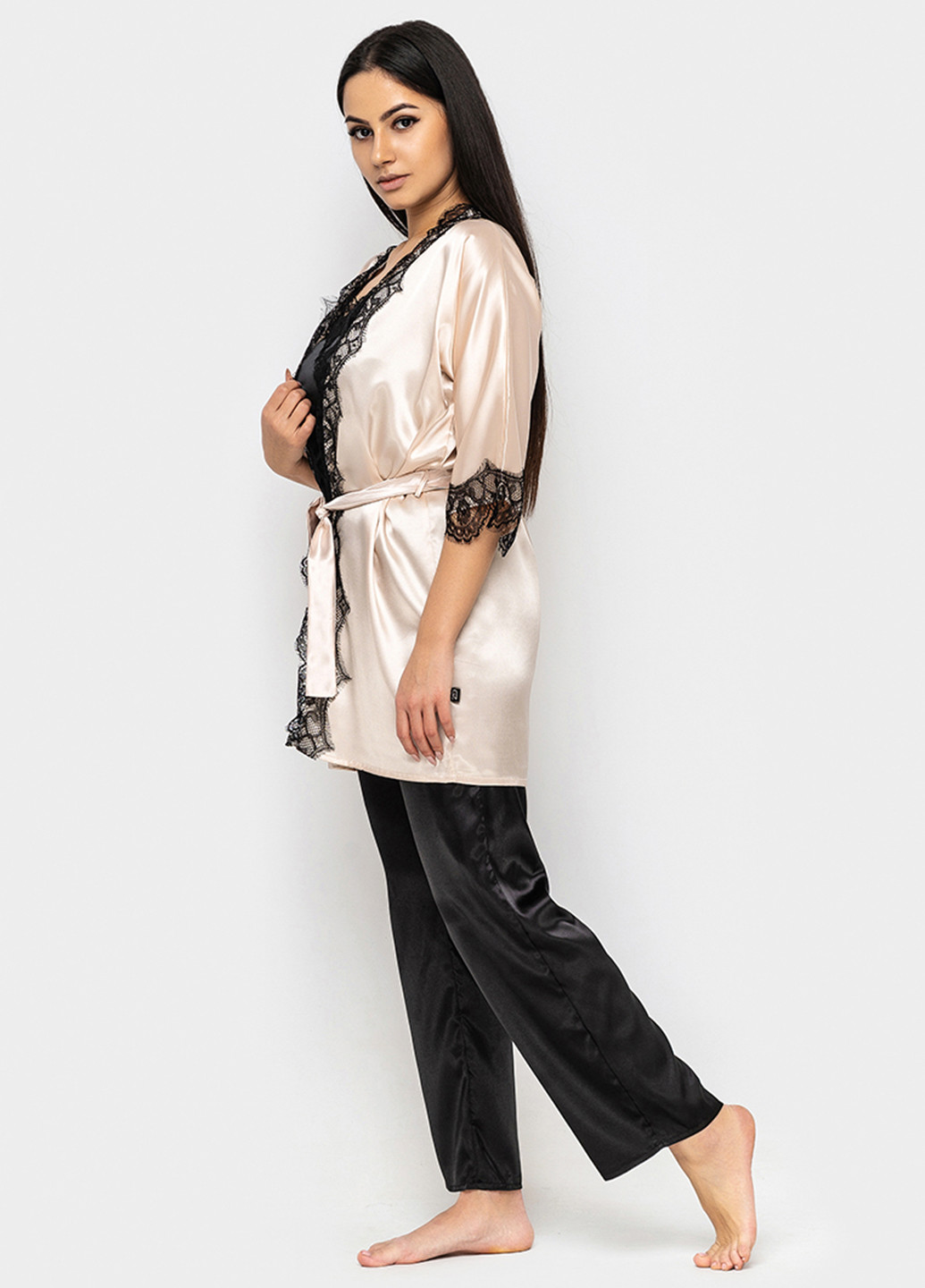 Бежевий демісезонний комплект (халат, топ, брюки) Ghazel
