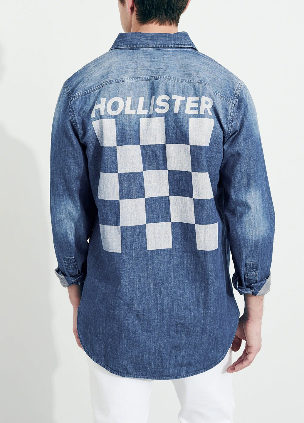 Синяя кэжуал рубашка однотонная Hollister с длинным рукавом