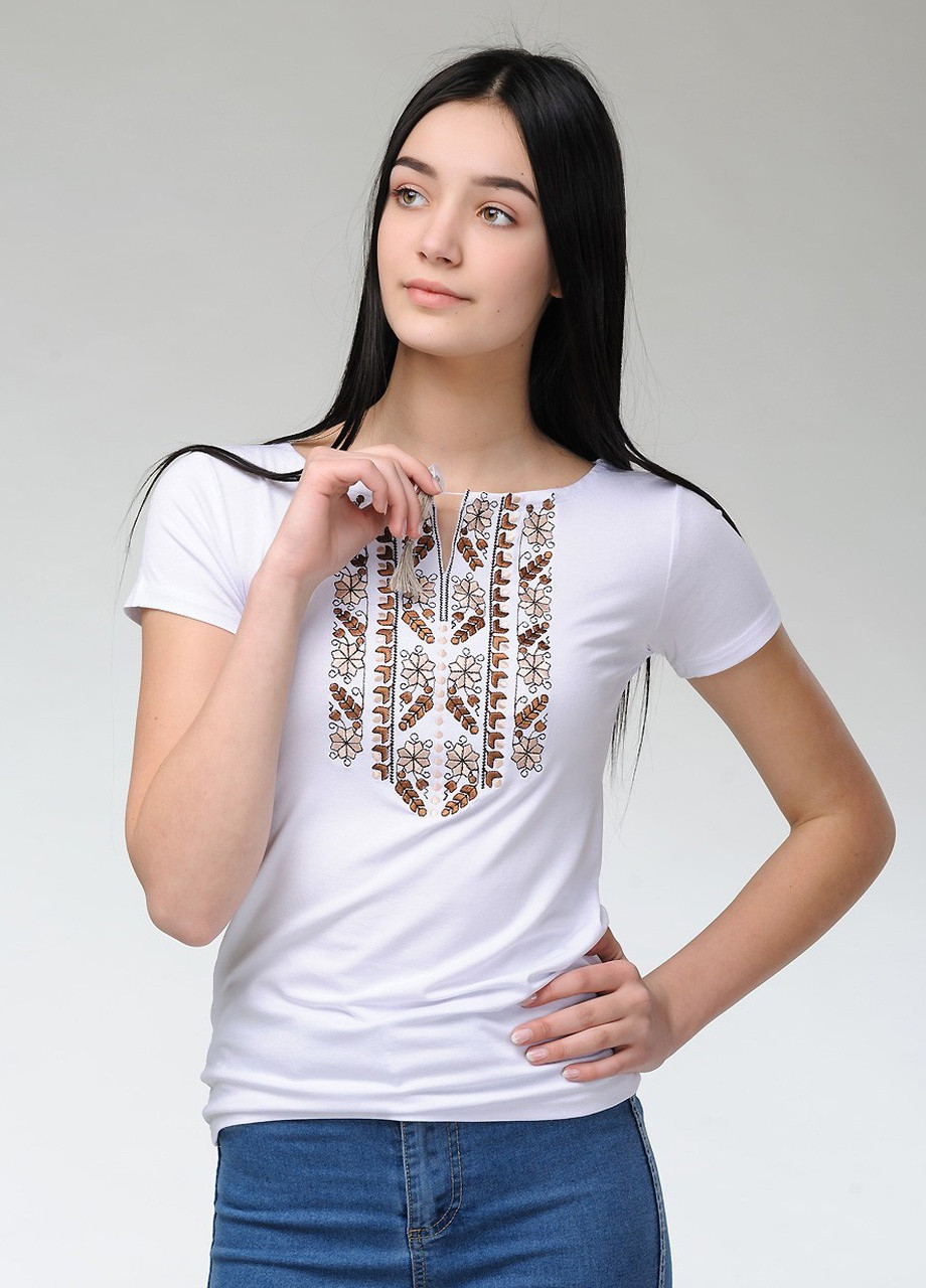 Женская вышитая футболка Естественная экспрессия белая с коричневым Melanika (250206207)