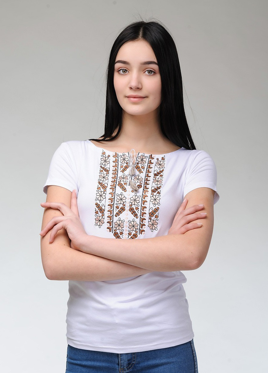 Жіноча вишита футболка Природна експресія біла з коричневим Melanika (250206207)