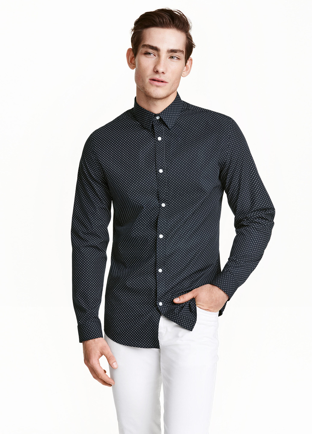Темно-синяя кэжуал рубашка в горошек H&M с длинным рукавом