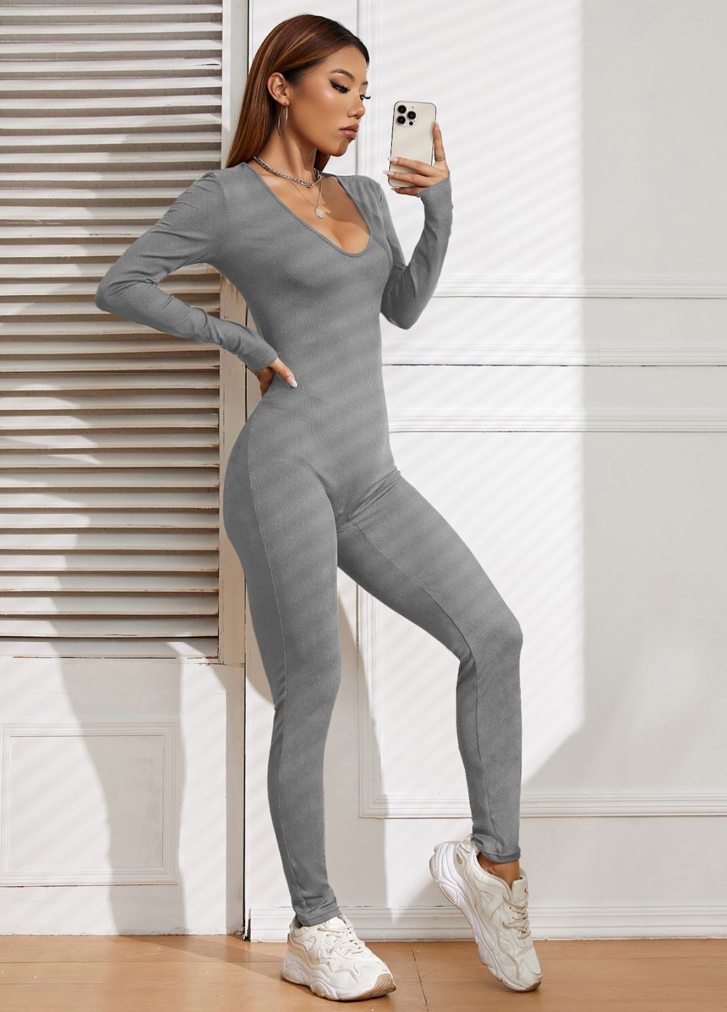 Комбинезон SHEIN комбинезон-брюки однотонный серый кэжуал, спортивный полиэстер, трикотаж
