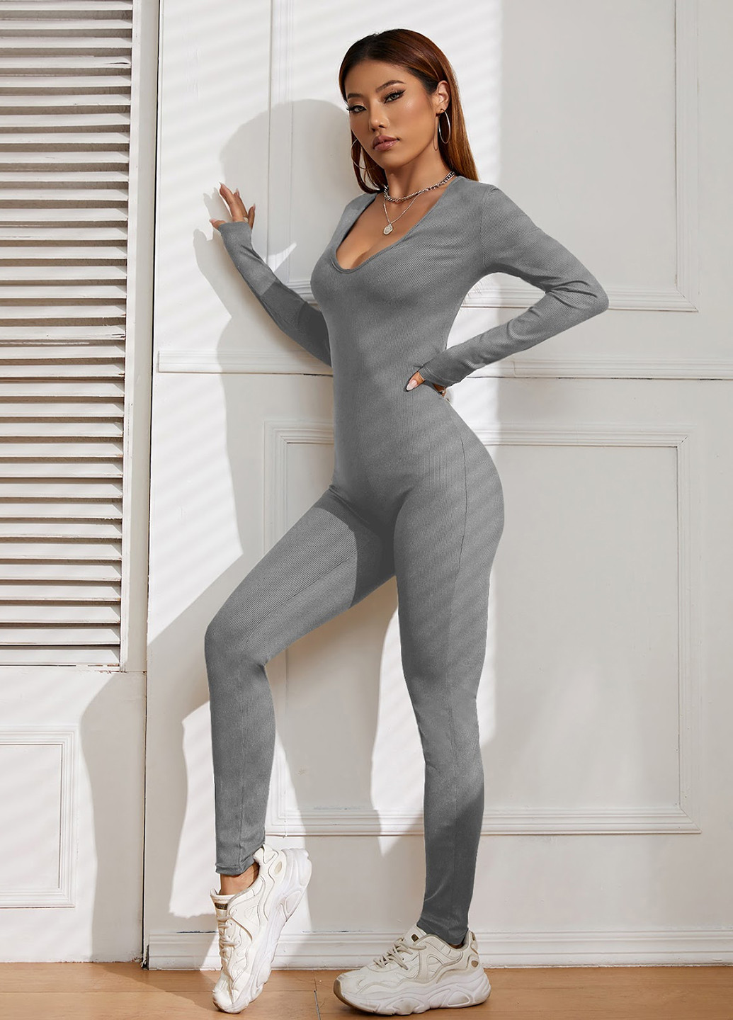 Комбинезон SHEIN комбинезон-брюки однотонный серый кэжуал, спортивный полиэстер, трикотаж