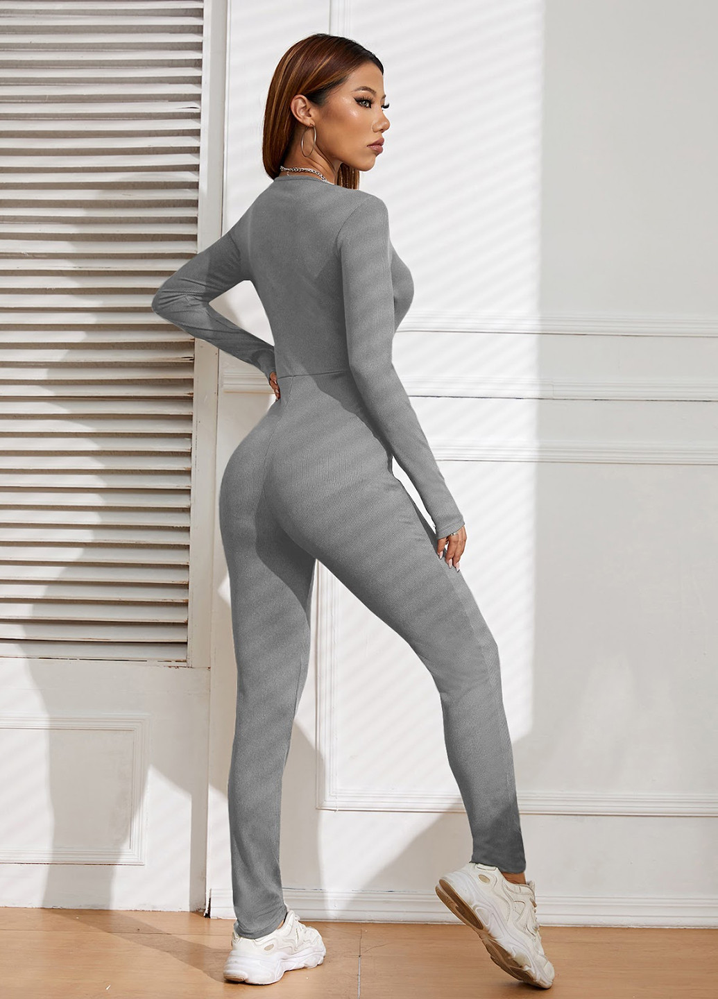Комбинезон SHEIN комбинезон-брюки однотонный серый кэжуал, спортивный полиэстер, трикотаж