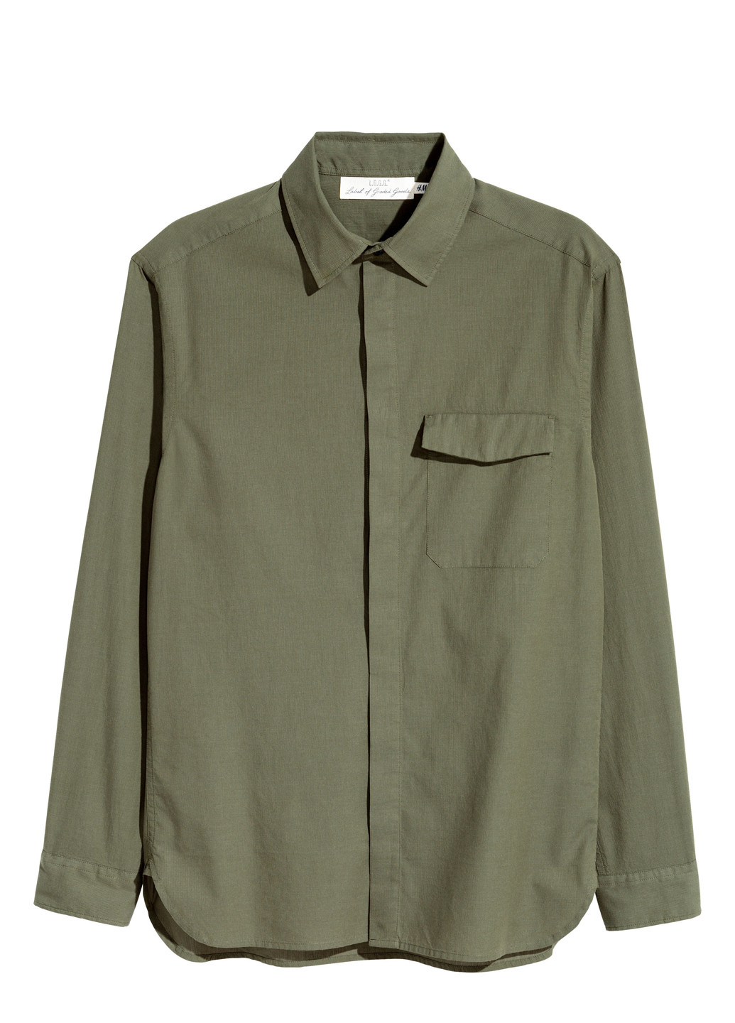 Оливковковая (хаки) кэжуал рубашка однотонная H&M с длинным рукавом
