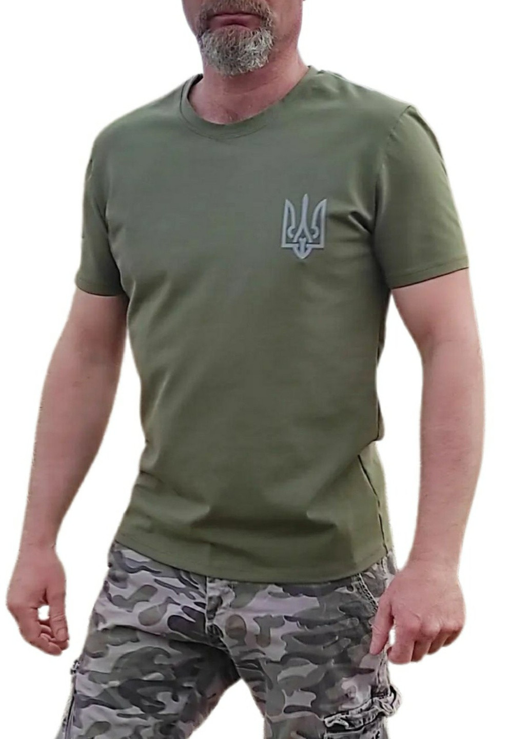 Хакі (оливкова) літня чоловіча футболка з прапором та гербом україни з коротким рукавом No Brand