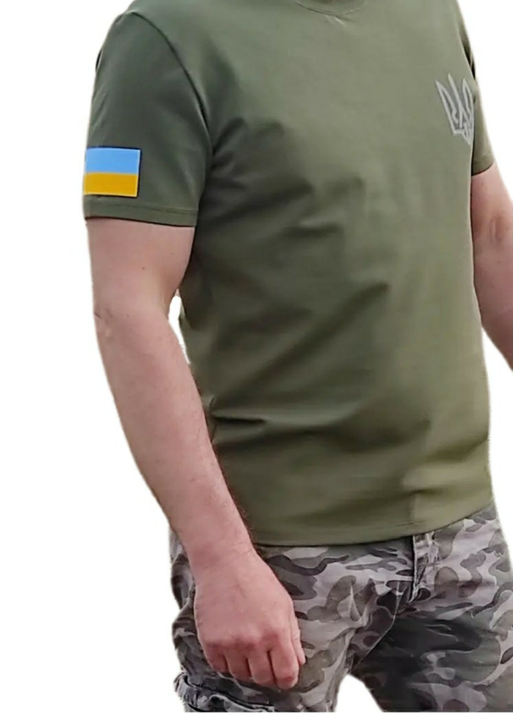 Хаки (оливковая) летняя мужская футболка с флагом и гербом украины с коротким рукавом No Brand
