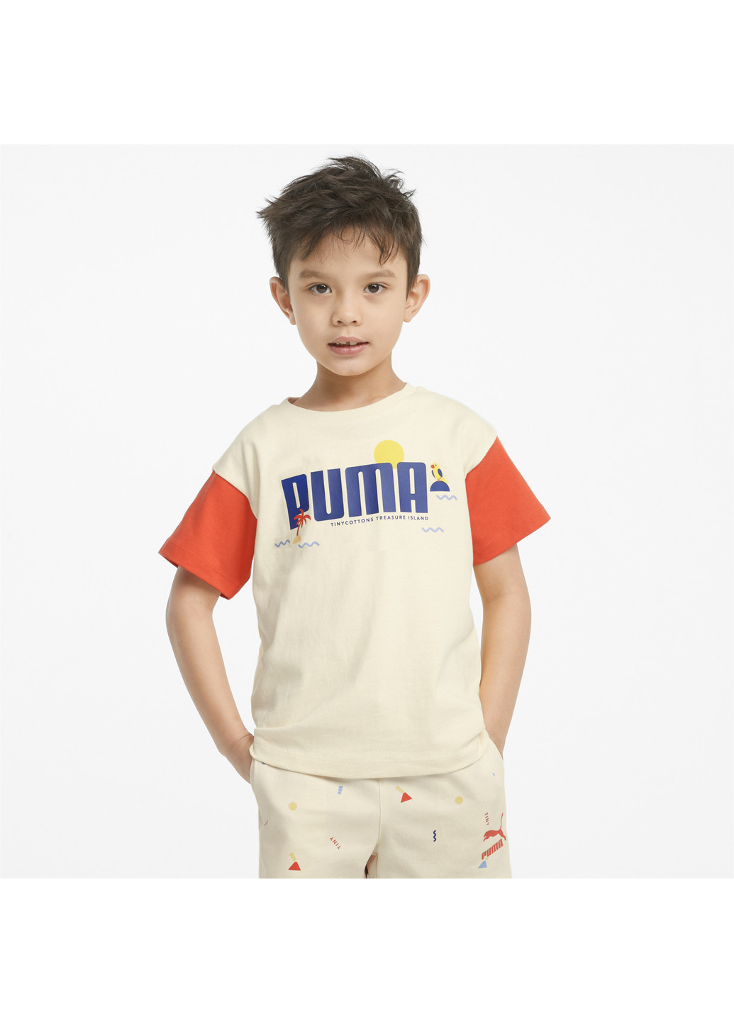 Детская футболка x TINY Colourblock Kids' Tee Puma однотонная жёлтая спортивная хлопок, полиэстер