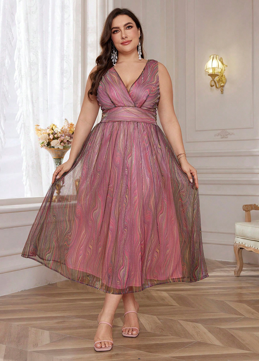 Розово-лиловое праздничный, вечернее, кэжуал платье на запах, а-силуэт, с открытой спиной SHEIN с абстрактным узором