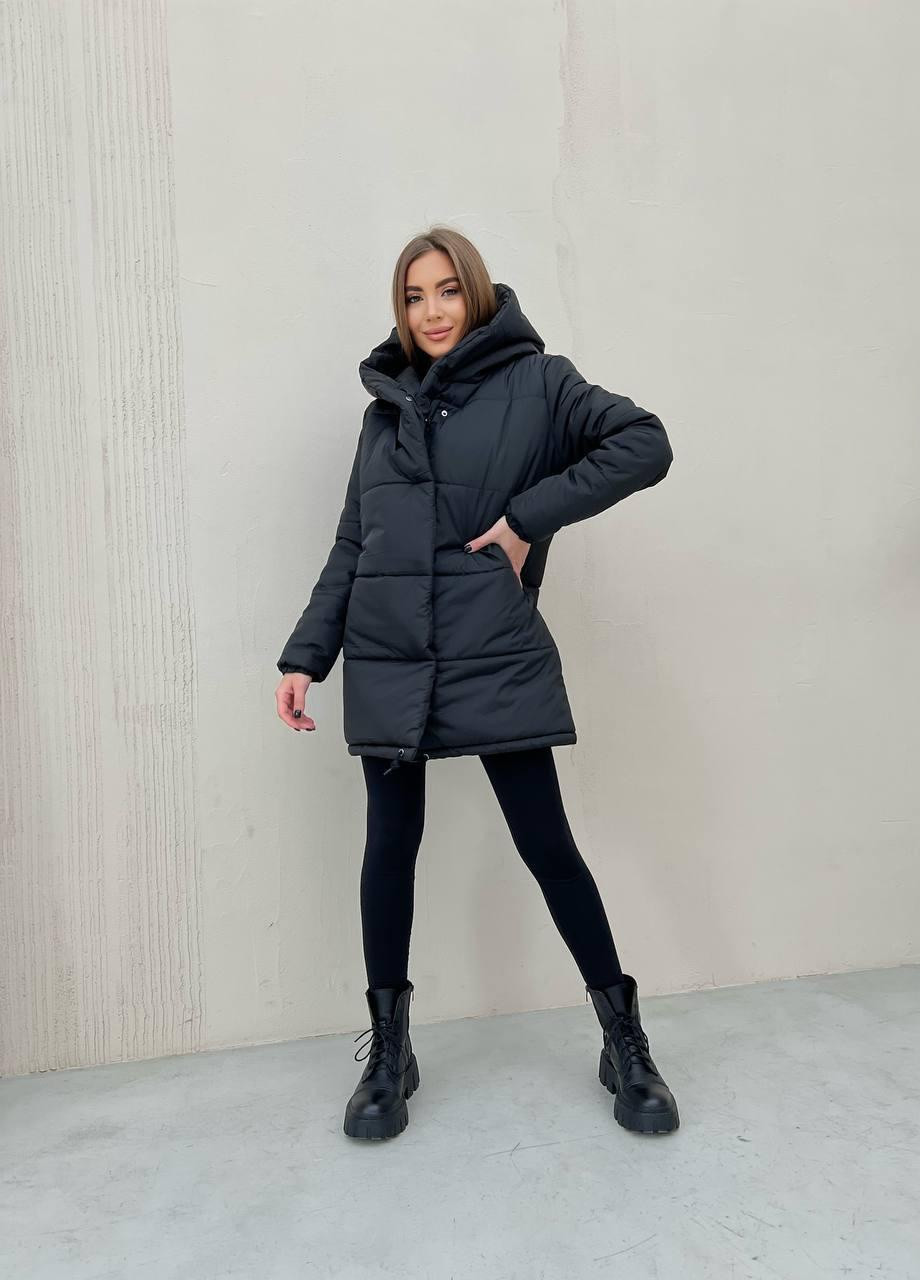 Чорна жіноча пуховик зимовий плащівка s м l (42 44 46) куртка зимова демісезонна чорна No Brand