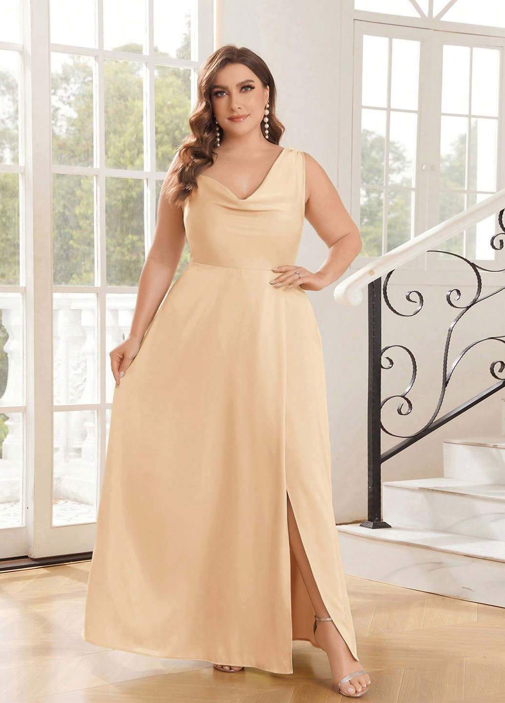 Кремовое праздничный, вечернее платье на запах, а-силуэт, с открытой спиной SHEIN однотонное