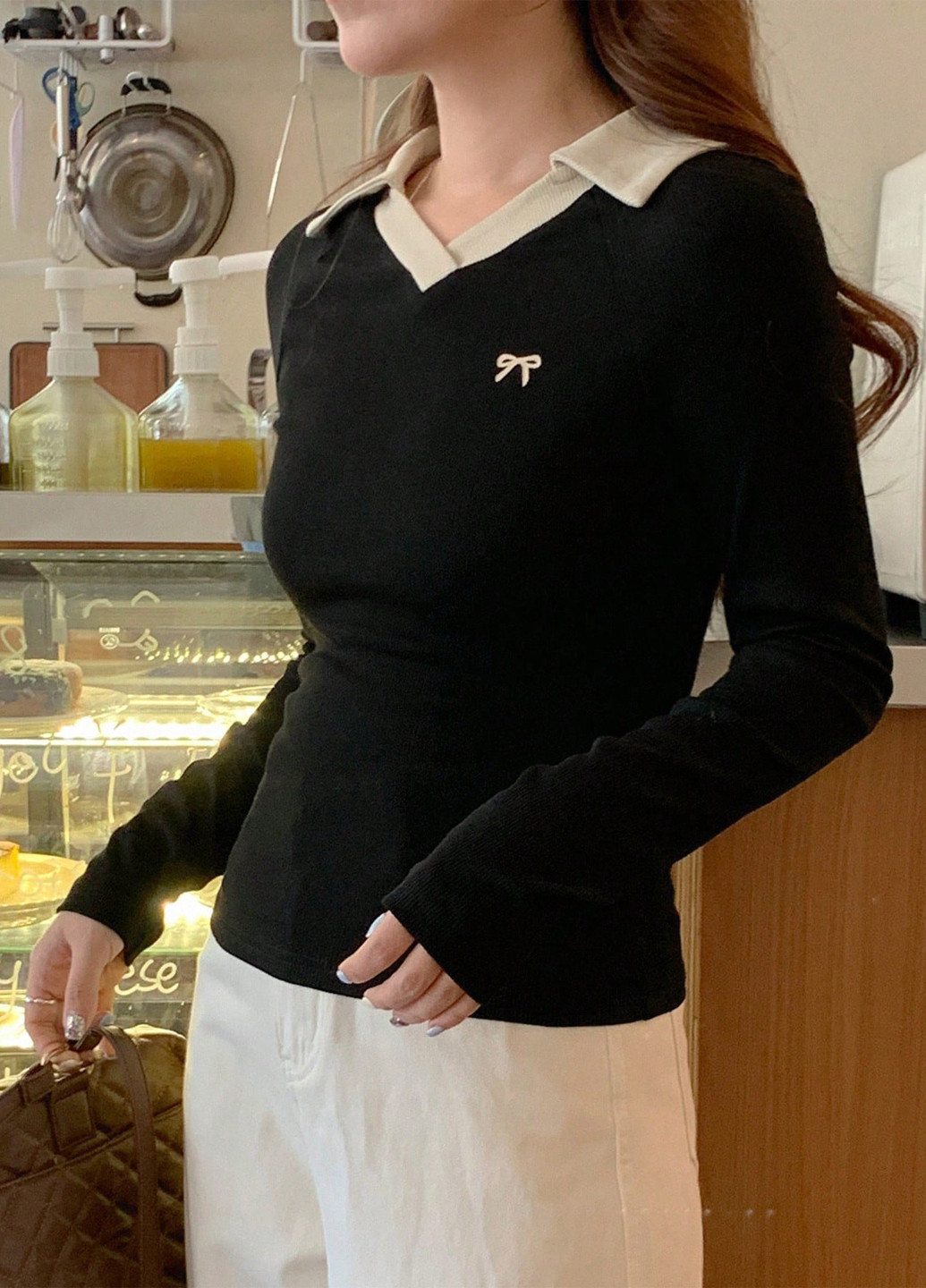 Черная женская футболка-поло SHEIN колор блок