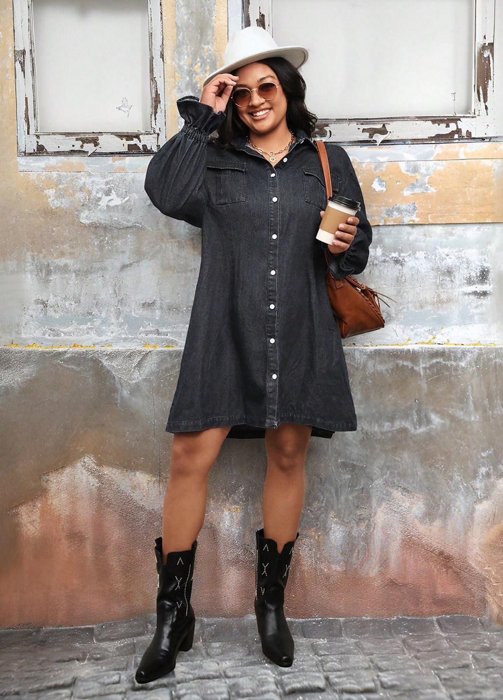 Темно-серое джинсовое, кэжуал платье рубашка SHEIN однотонное