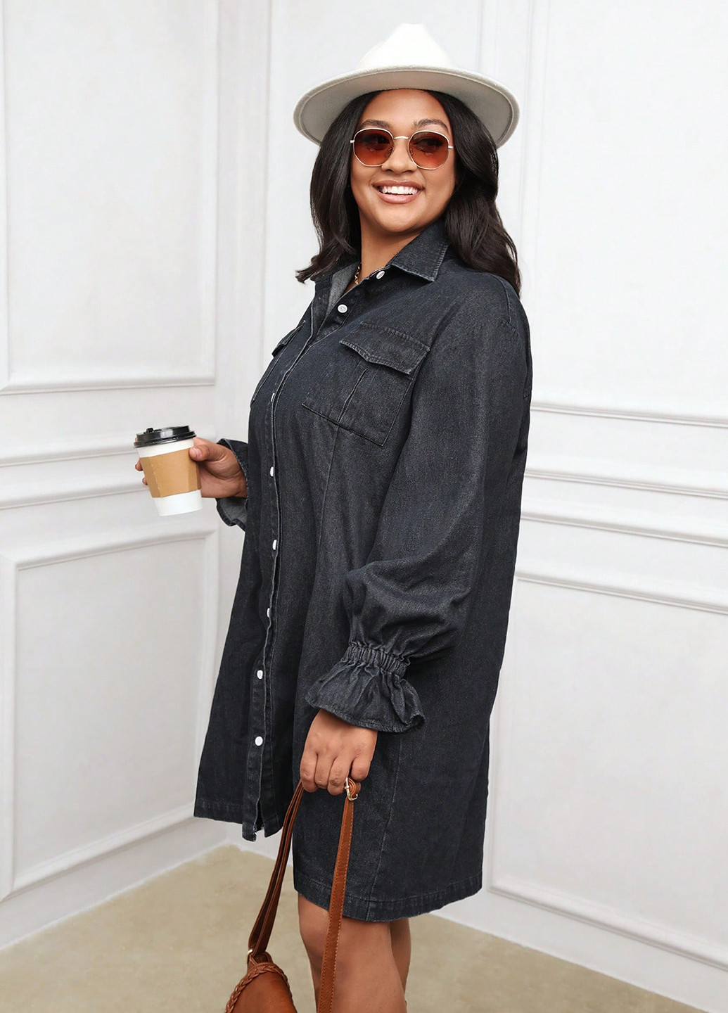 Темно-серое джинсовое, кэжуал платье рубашка SHEIN однотонное