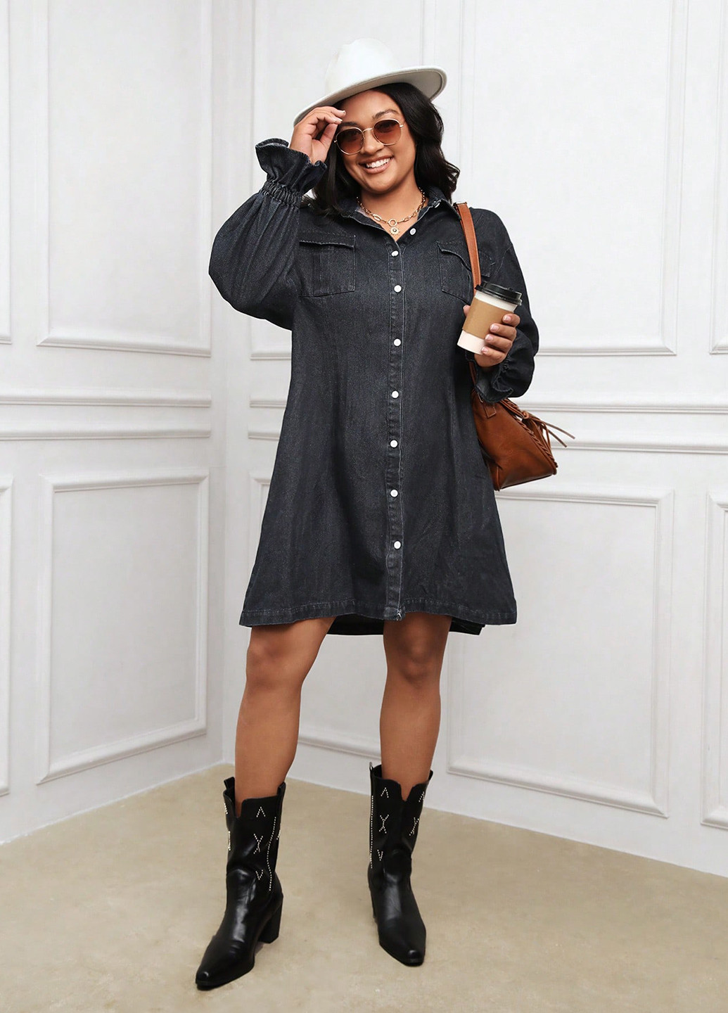 Темно-серое джинсовое, кэжуал платье рубашка SHEIN однотонное